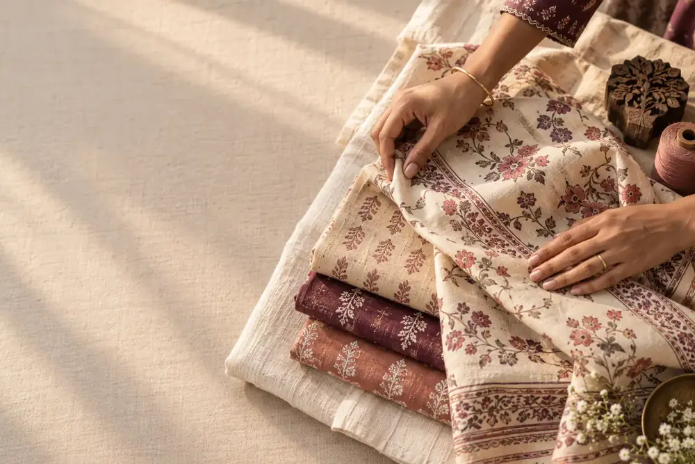 Hands unfolding block-printed cotton beside a carved wooden printing block