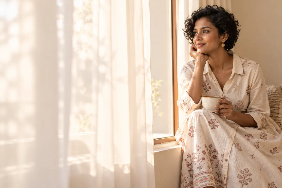 Woman in an ivory block-print cotton dress sitting by a sunlit window